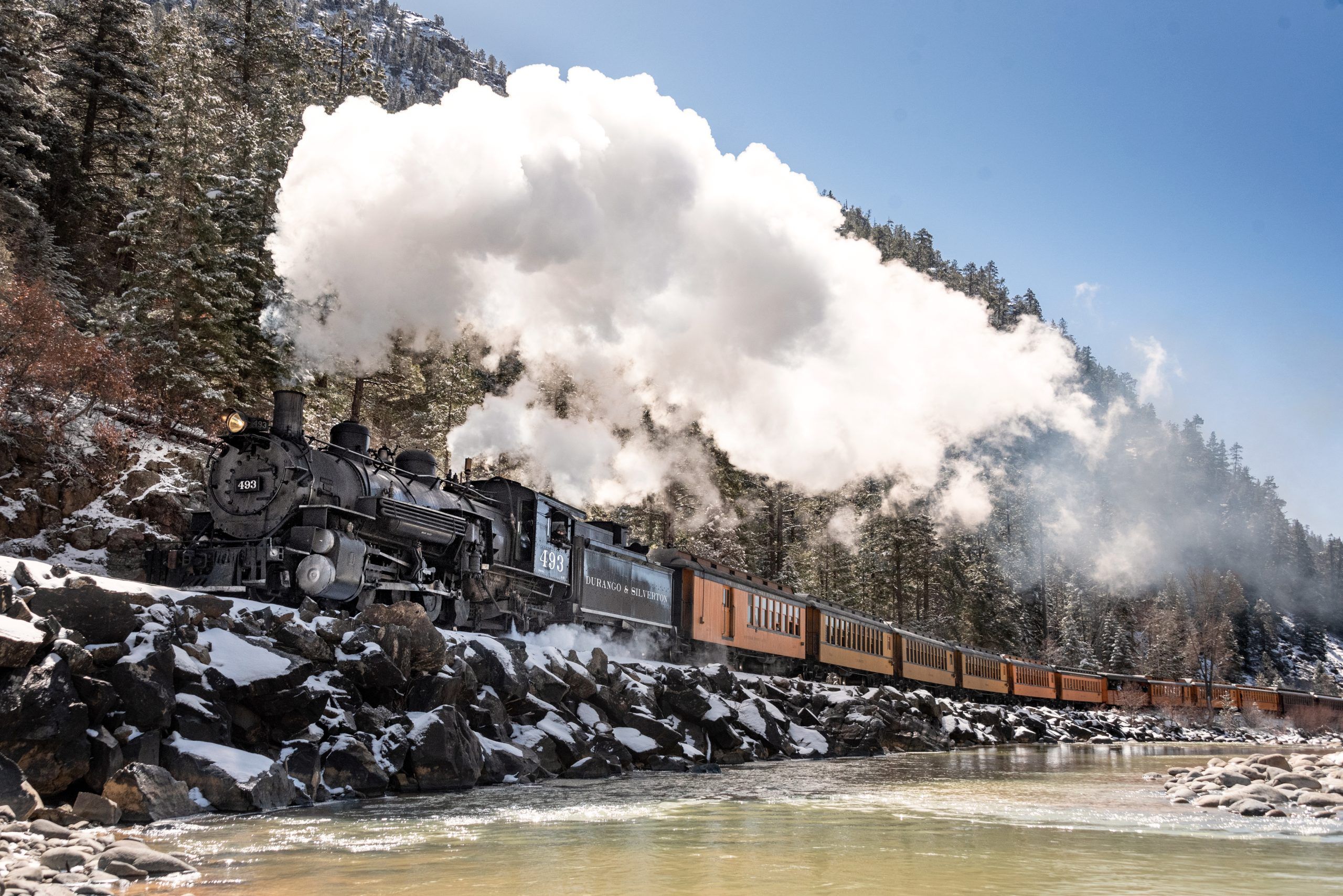 Steam Locomotive 493 crossing the Animas river
