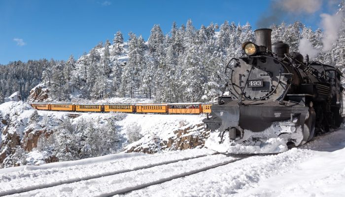 Scenic train ride in Colorado in the snowy San Juan Ranges