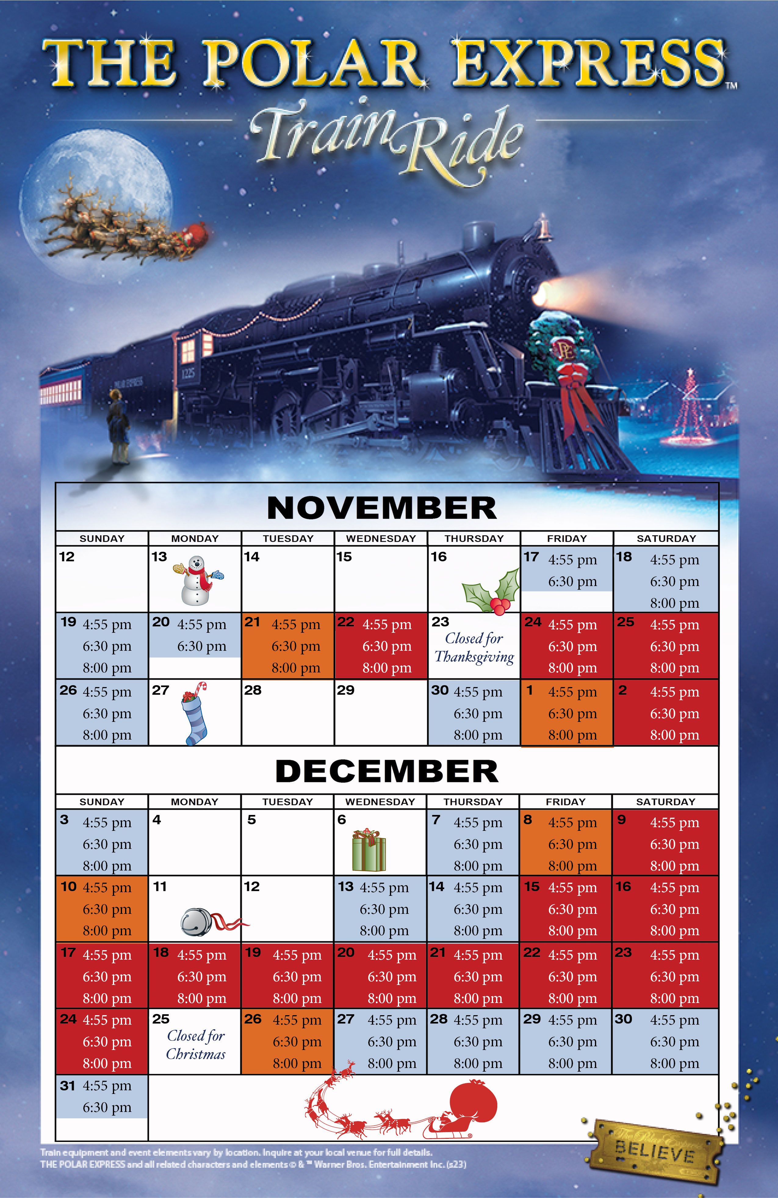 Calendar for the Polar Express Official Train Ride
