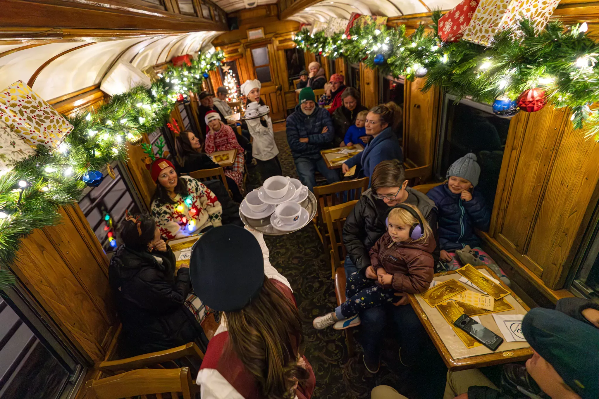 Enjoying cozy refreshments on the Polar Express in Durango